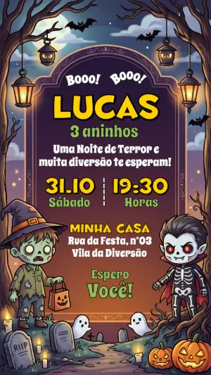 Convite de Aniversário Halloween Infantil Divertido para Editar