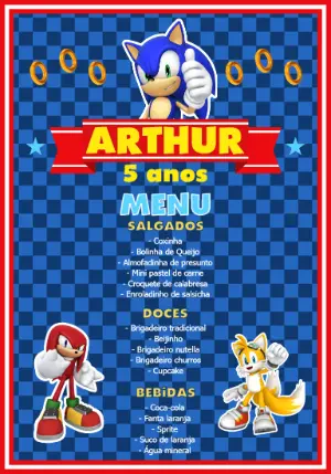 Cardápio Editável Aniversário Sonic para Personalizar
