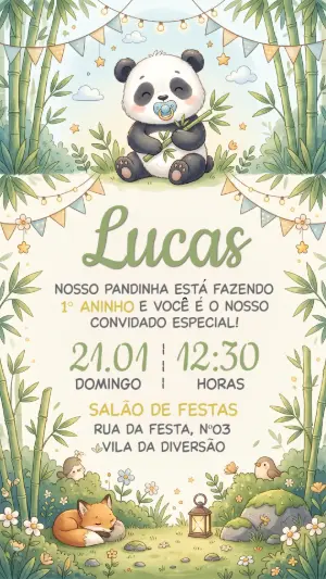 Convite de Aniversário Panda Fofo para Editar e Enviar