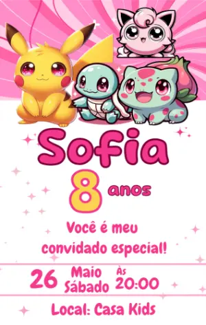 Convite de Aniversário Pokémon Fofo e Rosa para Editar Online