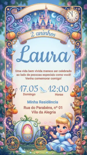 Convite de Aniversário Cinderela Baby Editável para Menina