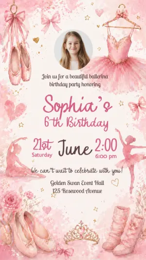 Editable Ballerina Birthday Invitation in Pink Watercolor
