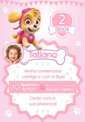 Convite Aniversário Patrulha Canina Skye com Foto para Editar