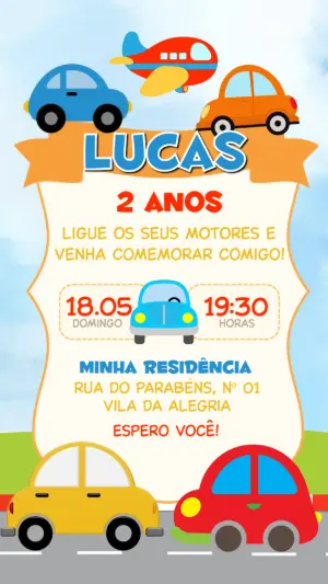 Convite de Aniversário Carros e Aviões Colorido para Editar