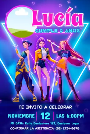 Invitación Editable de Cumpleaños K-pop Guerreras Neón