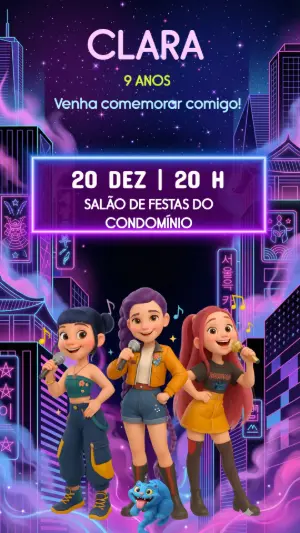 Invitation d'anniversaire KPop Demon Hunters – Statique – Arte Coelho Digital