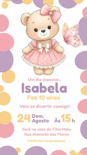 Convite de Aniversário Infantil Ursinha Fofa Rosa Editável