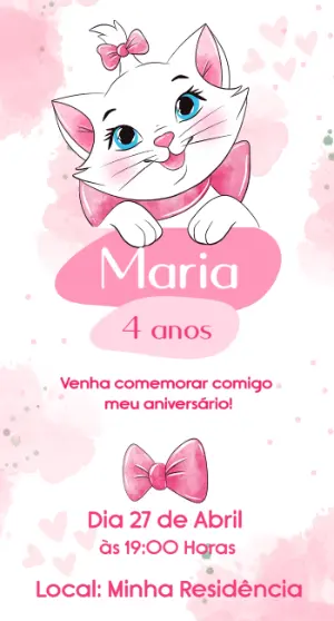 Convite de Aniversário Gata Marie Aquarela Editável