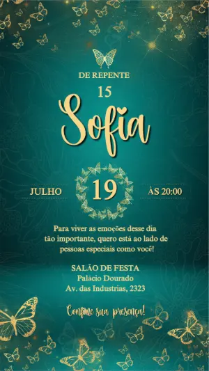 Convite 15 Anos Borboletas Douradas para Editar Online