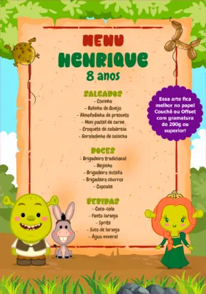 Cardápio de Aniversário Shrek Editável Online para Festa