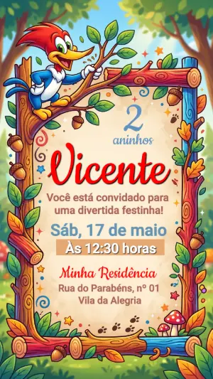 Convite Digital Pica-Pau Aniversário Infantil para Editar