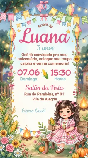Convite de Aniversário Festa Junina Menina Caipira Editável