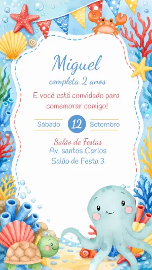 Convite Aniversário Fundo do Mar Aquarela Editável