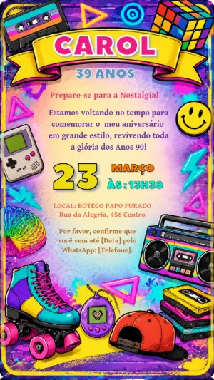 Convite de Aniversário Anos 90 Retrô para Editar