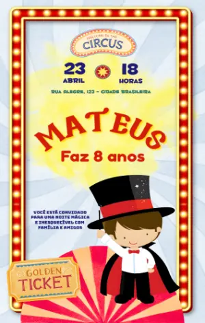 Convite de Aniversário Circo Mágico Infantil para Editar