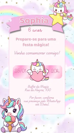 Convite de Aniversário Infantil Unicórnio Fofo para Editar