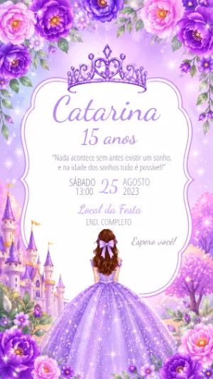 Convite 15 Anos Princesa Lilás Floral para Editar
