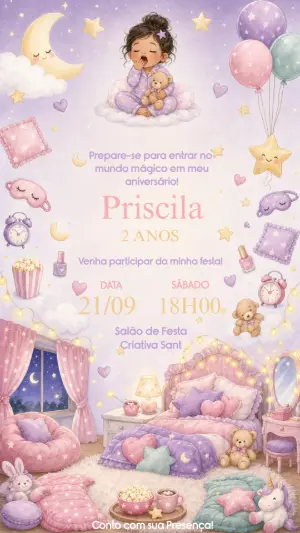 Convite Aniversário Festa do Pijama Lilás e Rosa Editável