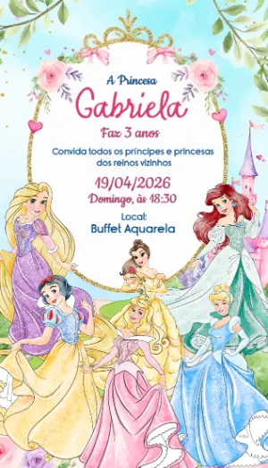 Convite de Aniversário Princesas Aquarela para Editar