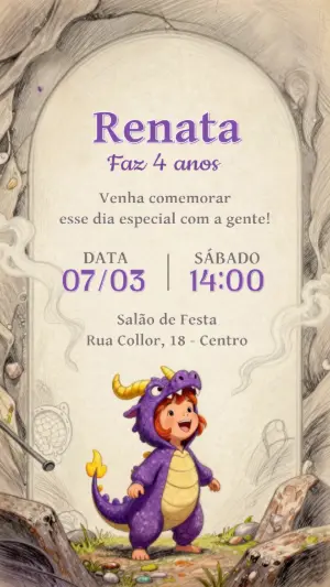Convite de Aniversário Dragão Roxo Ilustrado para Editar