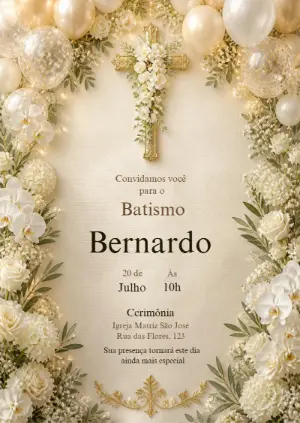 Convite de Batismo Elegante com Cruz Floral para Editar