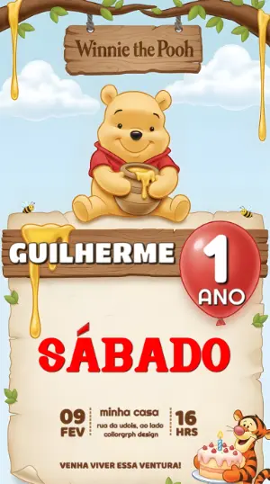 Convite Digital Ursinho Pooh e Tigrão Modelo Editável