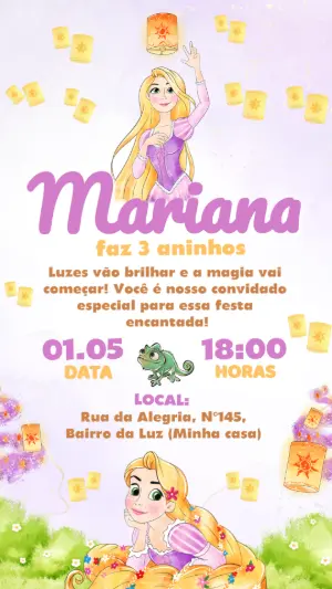 Convite de Aniversário Rapunzel Enrolados Digital para Editar