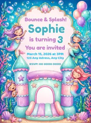 Mermaid Bouncy Castle Birthday Invitation Template