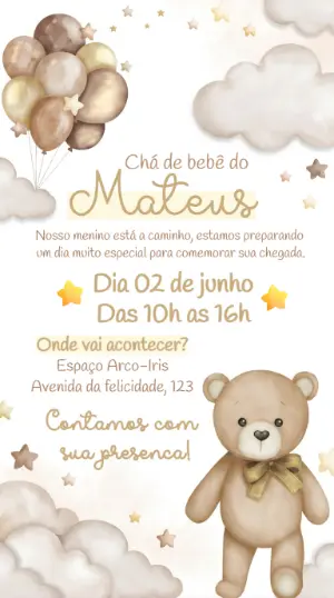 Convite Chá de Bebê Ursinho Tons Neutros Editável