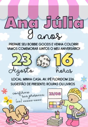 Convite de Aniversário Bobbie Goods para Colorir Editável