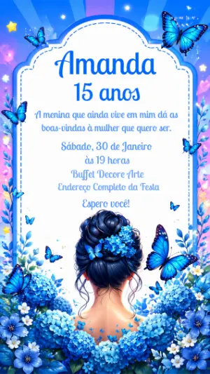 Convite 15 Anos Borboletas Azul Floral Modelo Editável