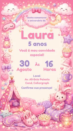 Convite Aniversário Festa do Pijama Rosa Editável