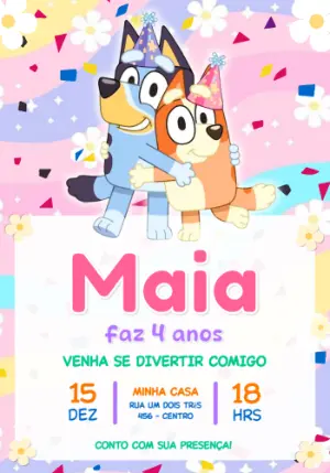 Convite Digital Aniversário Infantil Bluey e Bingo Editável