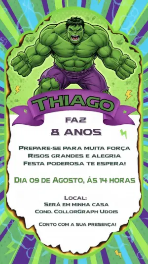 Convite de Aniversário Hulk Verde e Roxo para Editar Online