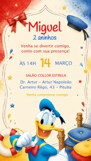 Convite de Aniversário Pato Donald Marinheiro Editável