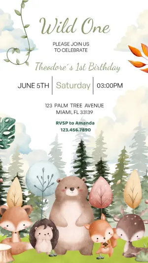 Editable Wild One Woodland Animals Birthday Invitation