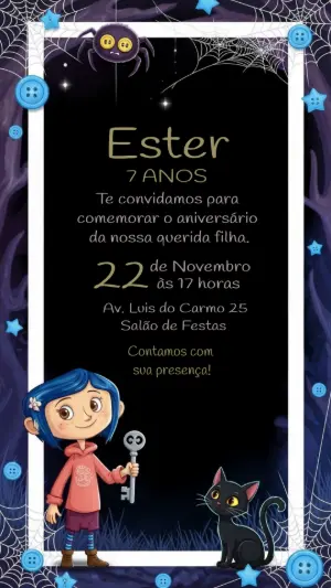 Convite de Aniversário Coraline para Editar e Imprimir