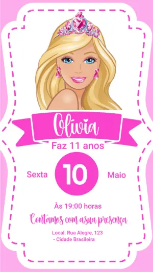 Convite Digital Aniversário Tema Barbie Princesa Editável