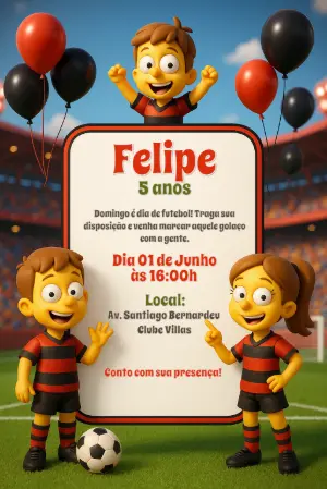 Convite de Aniversário Futebol com Personagens para Editar