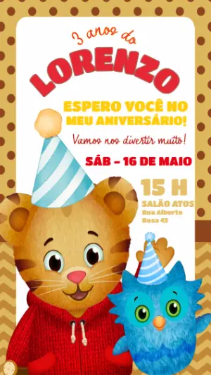 Convite de Aniversário Daniel Tigre Fofo para Editar Online