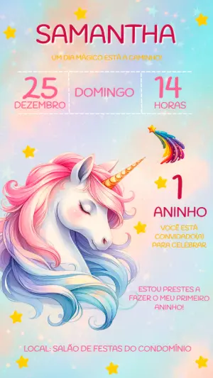 Convite de Aniversário Unicórnio Mágico para Editar Online
