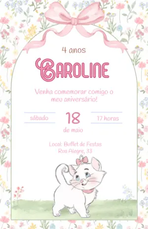 Convite de Aniversário Gatinha Marie Floral para Editar