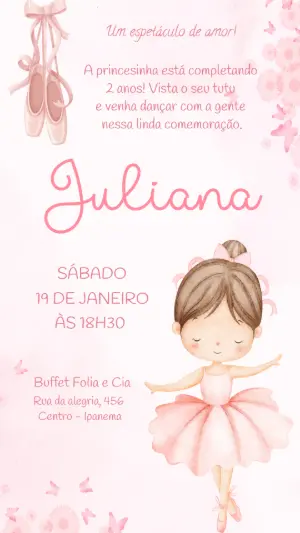 Convite de Aniversário Bailarina Aquarela Rosa para Editar