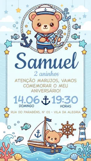 Convite de Aniversário Ursinho Marinheiro Fofo para Editar