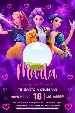 Invitación de Cumpleaños Las Guerreras K-Pop para Editar y Enviar