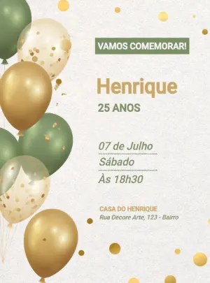 Convite de Aniversário Balões Verde e Dourado para Editar Online