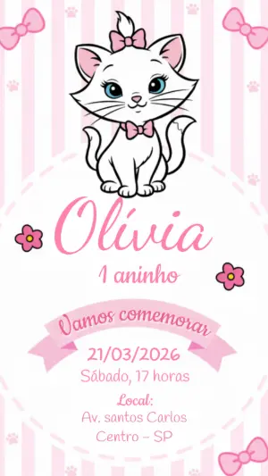Convite de Aniversário Gatinha Marie Rosa para Editar