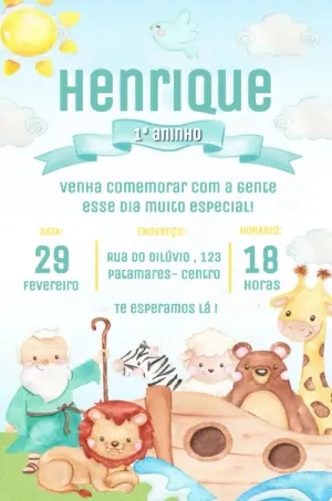 Convite de Aniversário Arca de Noé com Animais para Editar Online