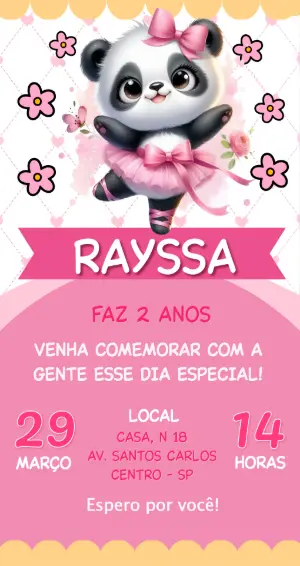 Convite Digital Festa Panda Bailarina Fofo para Editar