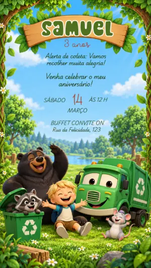 Convite Digital Aniversário Caminhão de Reciclagem para Editar